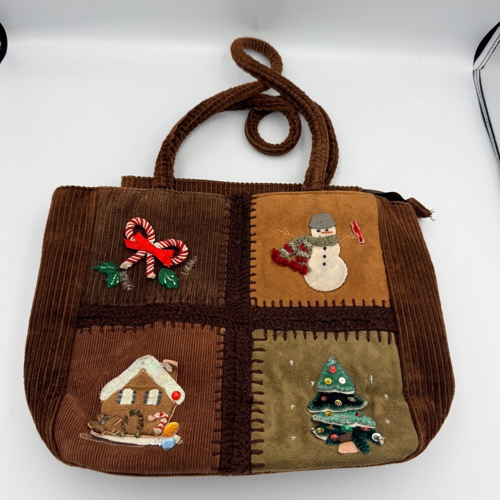 Cappelli Straworld Brown Corduroy Christmas Patchwork Tote Bag Holiday Applique